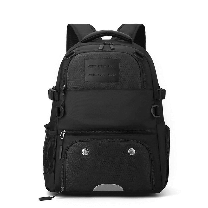Black sports backpack with shoe compartment, detachable net pocket, waterproof material, and adjustable straps, perfect for all activities.